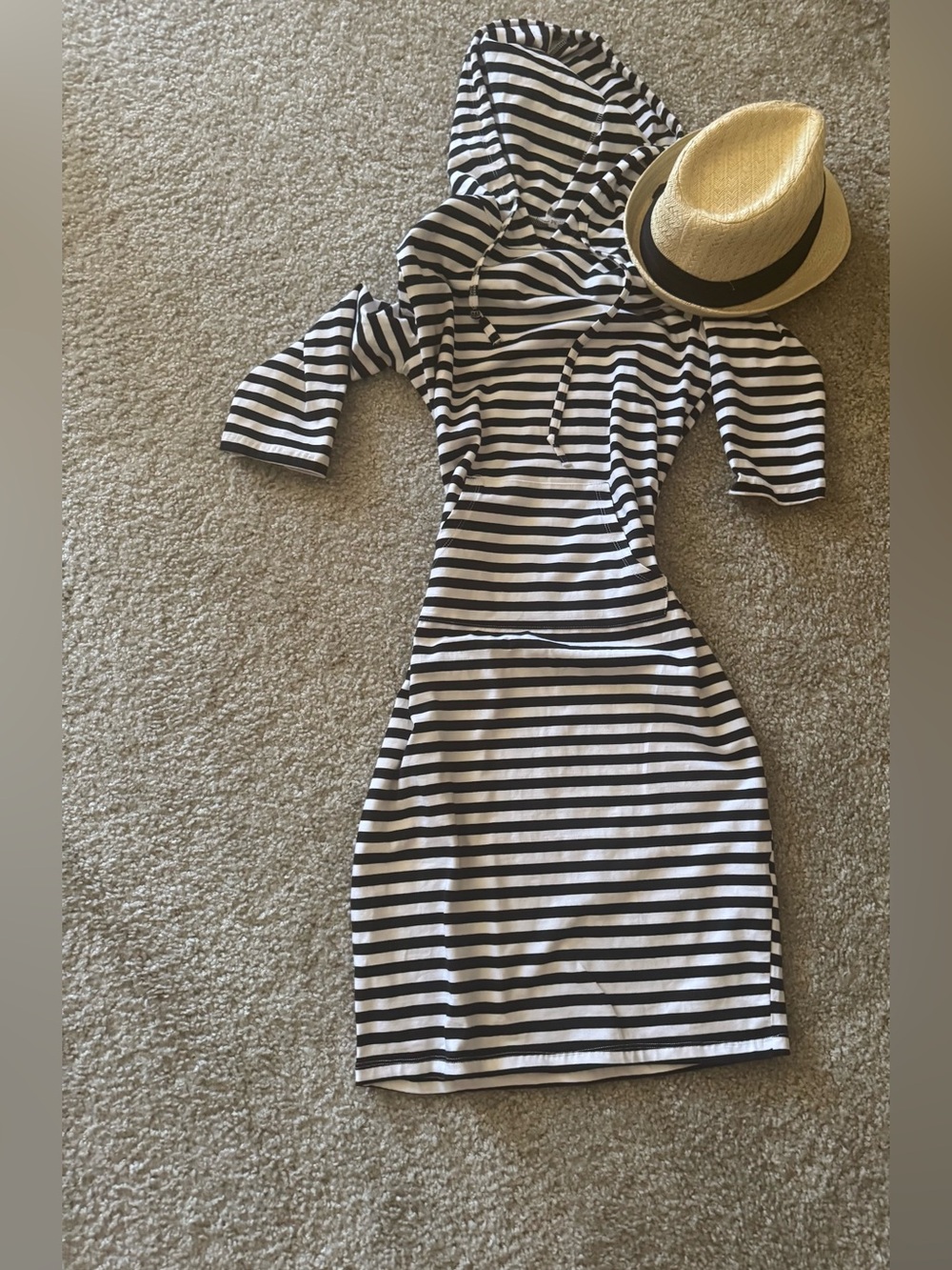 BUNDLE: Black & White Striped Hooded Midi Dress & Fedora
